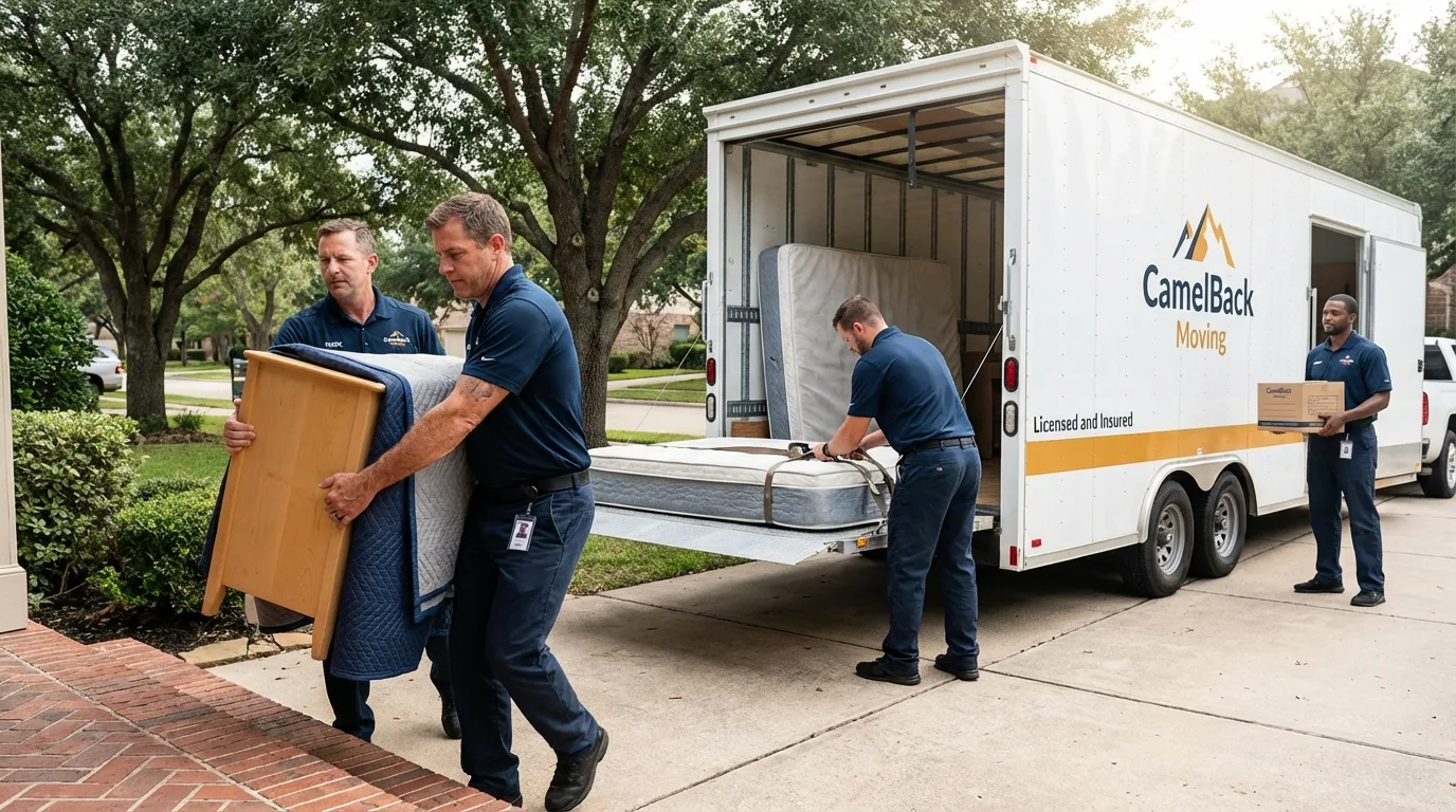 Crew loading residential truck for cross-state move from Manteca, CA
