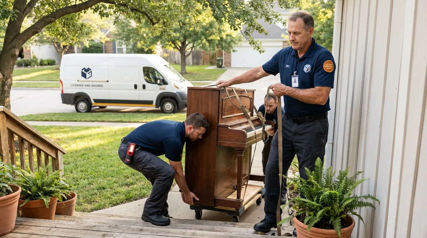 Licensed piano movers securing grand piano in Manteca, CA