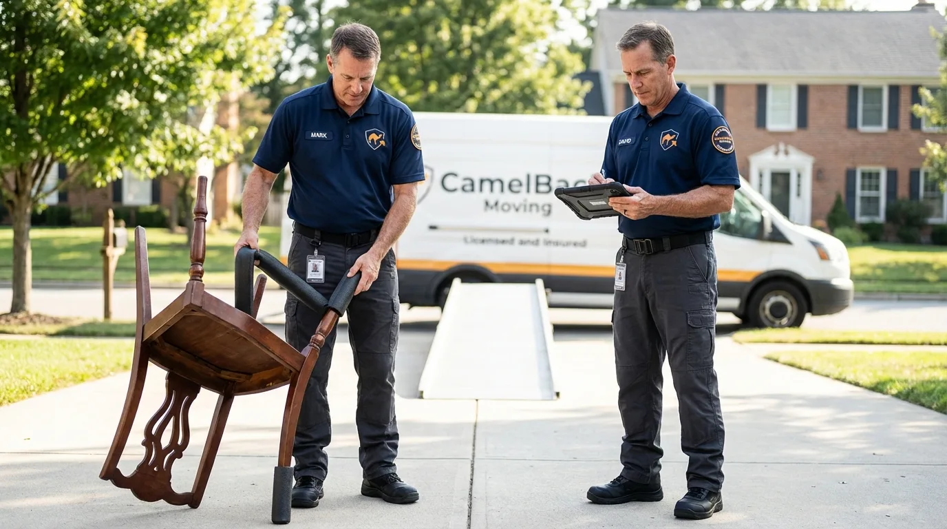 Movers inspecting furniture for damage prevention before loading in Manteca, CA