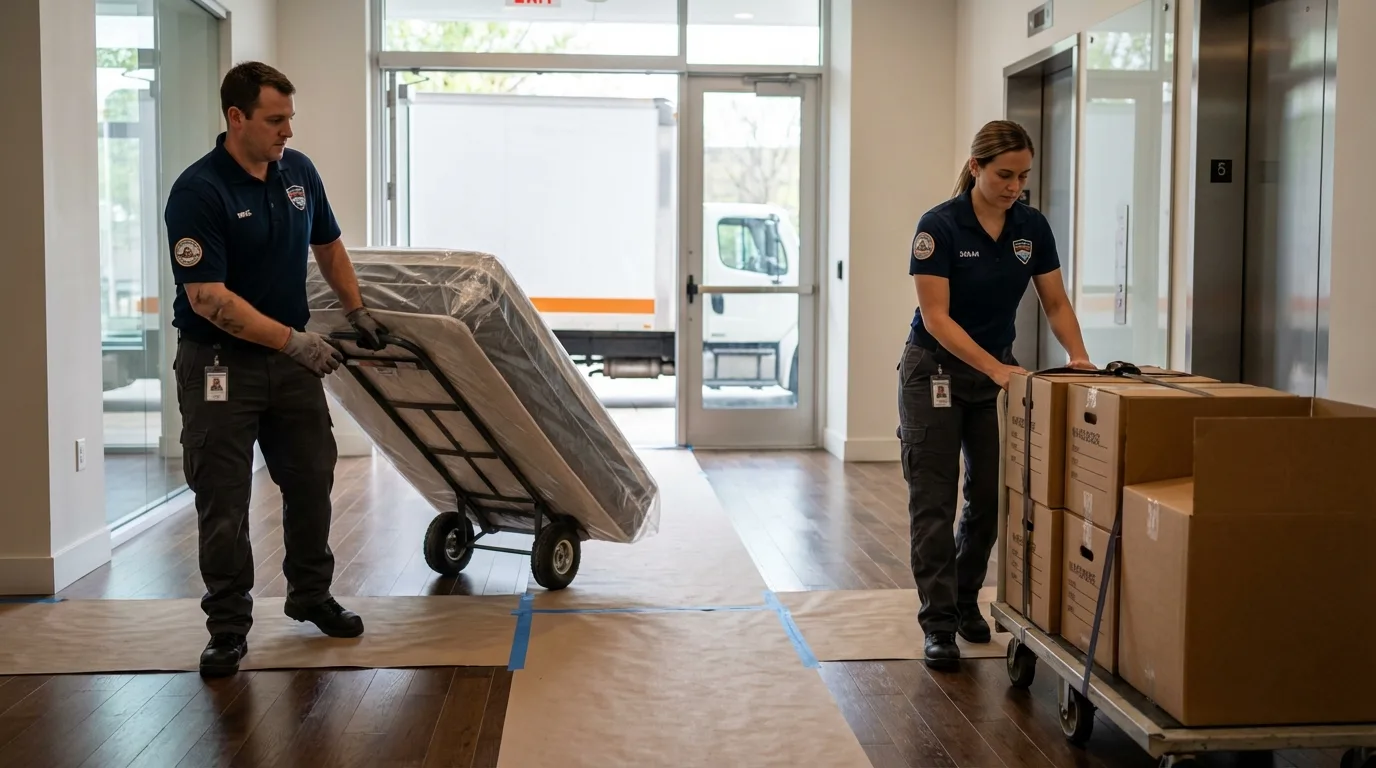 Professional apartment movers loading elevator in Manteca, CA